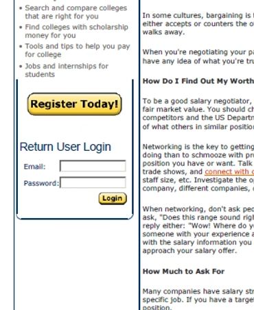 Career planning website piece describes determining target salary based on skills and experience.