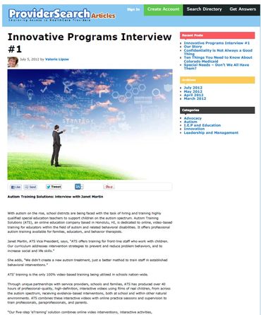 Web article of interview with autism advocacy and training company