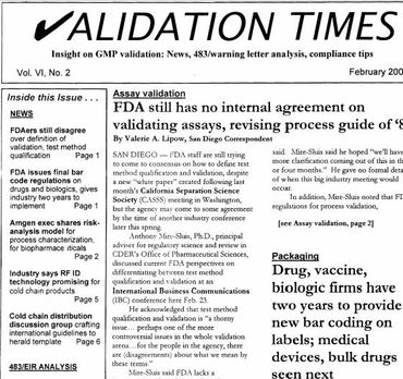 Newsletter article on FDA process guidance for validating quality assays.