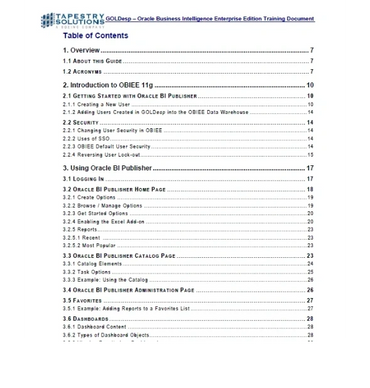 Table of contents page for software technical manual