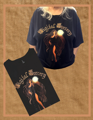 Black "Digital Sorcery" t-shirt with mystical woman graphic design.