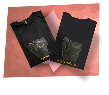 Two black t-shirts with a grumpy black cat and texts 'NOPE' and 'STILL NOPE!'.