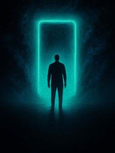 A silhouette stands before a glowing rectangular portal in a dark cosmic setting.