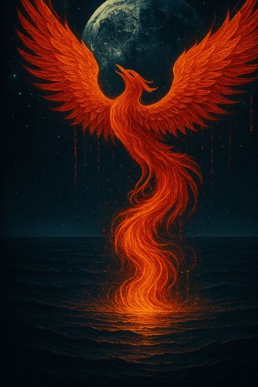 A fiery phoenix rising against a moonlit night over dark waters.
