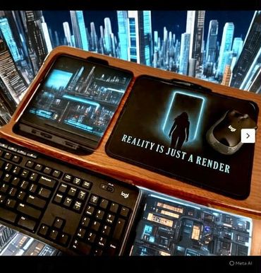 Futuristic computer setup with cityscape and "Reality is Just a Render" mousepad.