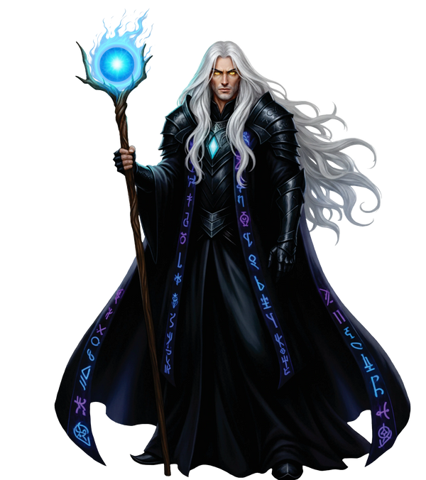A powerful wizard with glowing eyes and a magical staff.