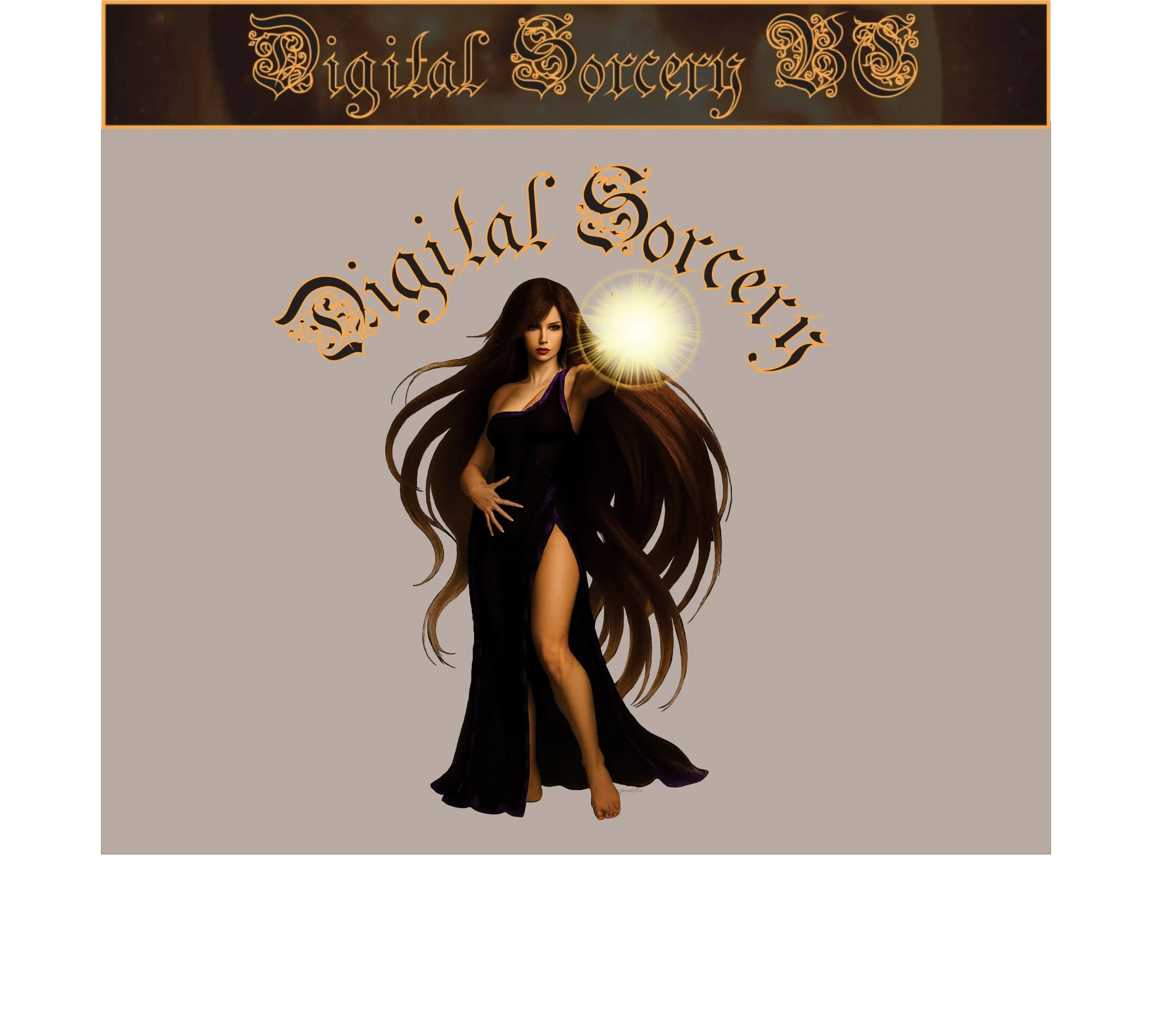 A digital sorceress with long flowing hair casting a glowing spell.