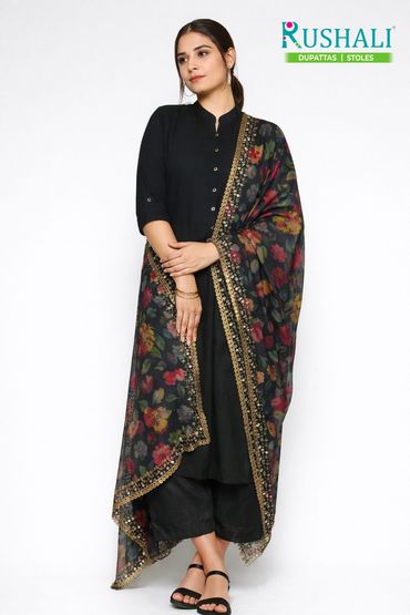 Organza Dupatta with Digital floral Print and gotta patti lace work