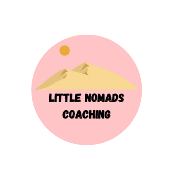 Logo with dunes, desert and sunset on a light pink background. Title reads Little Nomads Coaching. 
