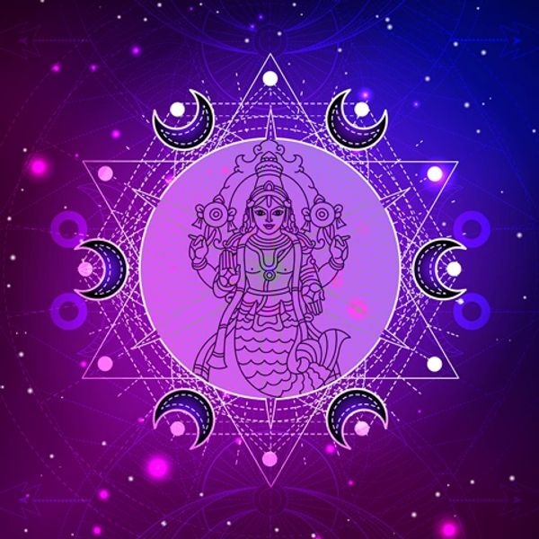 Mystical purple cosmic illustration with a deity surrounded by crescent moons and geometric patterns.