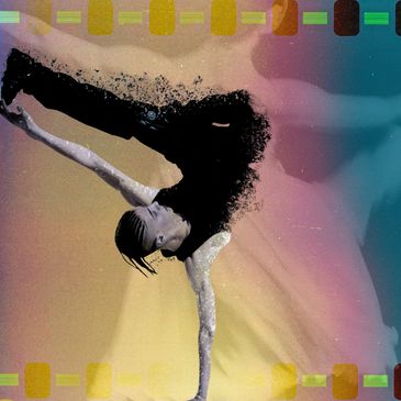 A dancer in a dynamic pose with artistic effects and colorful background.
