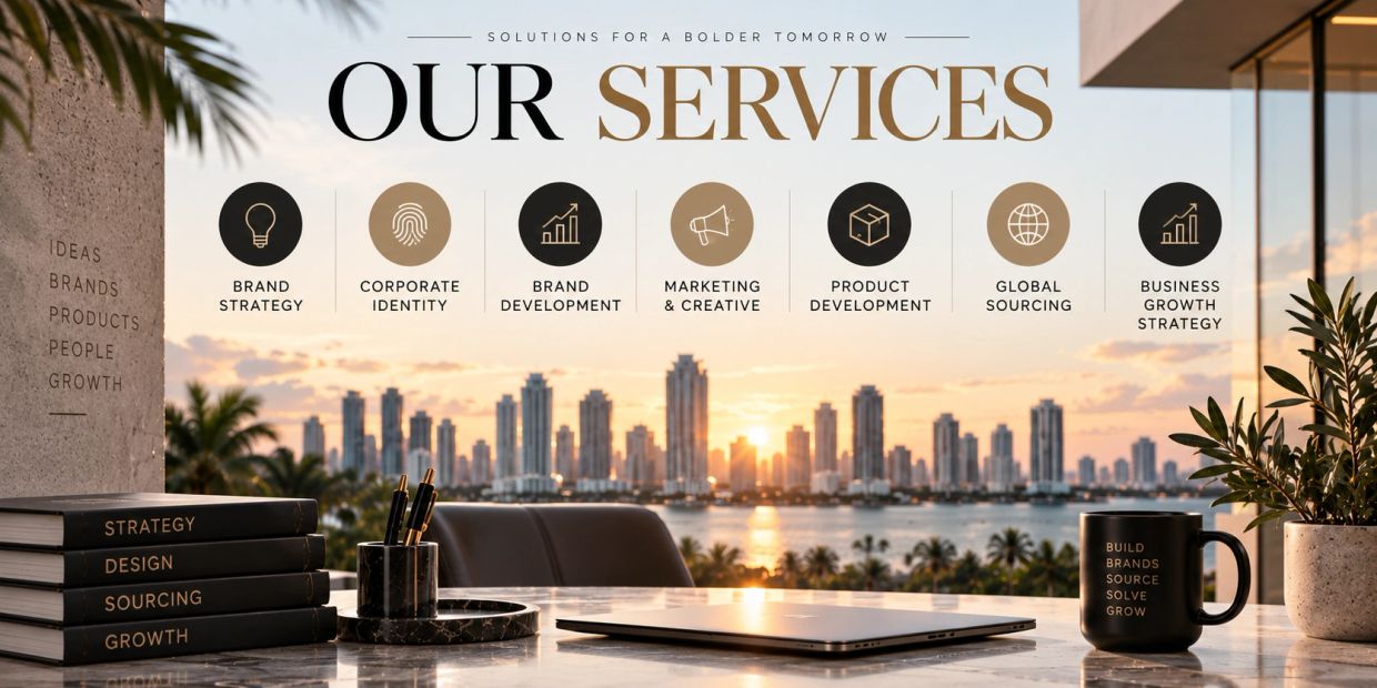 Office desk with a city skyline and services offered.