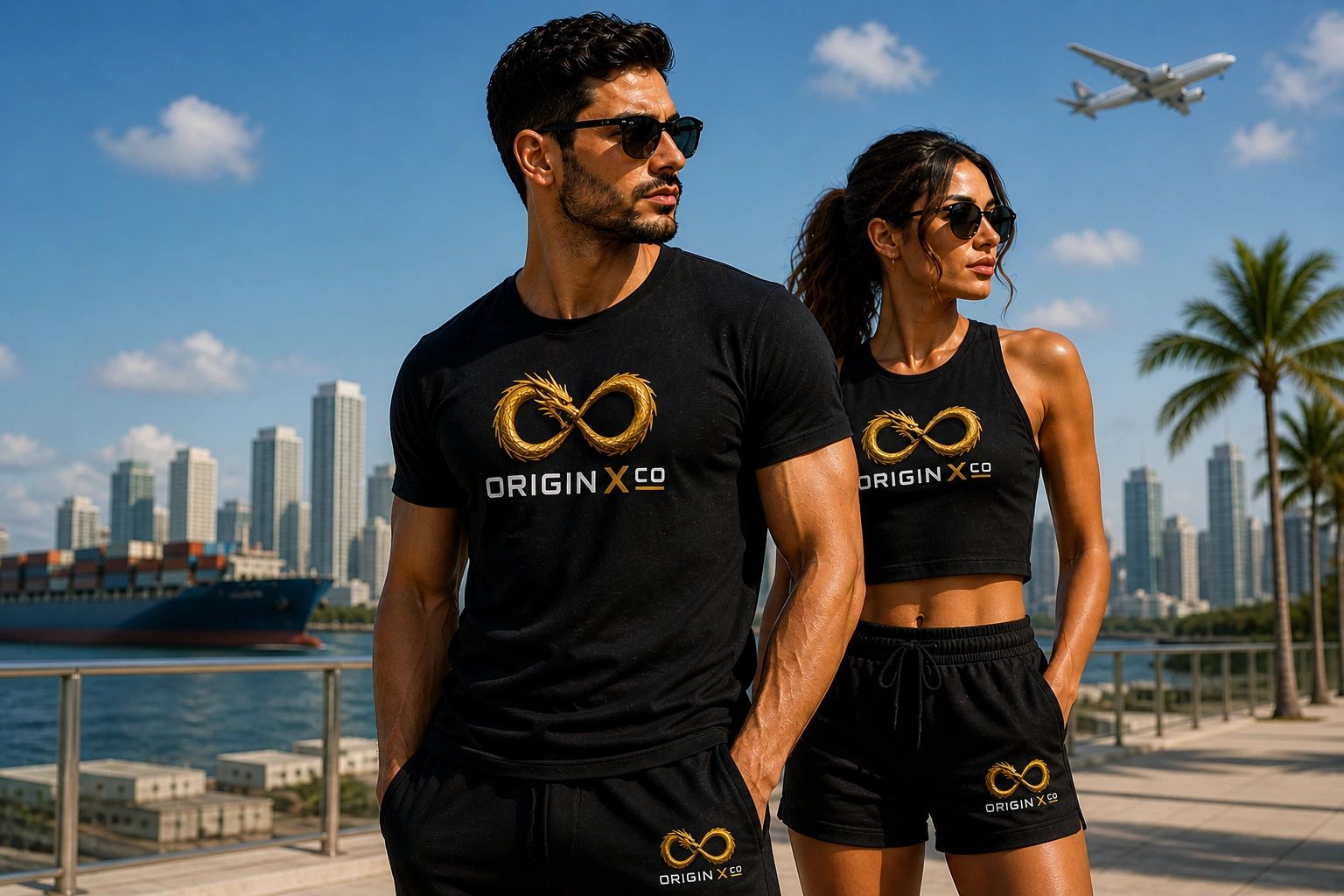 A man and woman wearing matching black Origin X Co outfits by a waterfront cityscape.