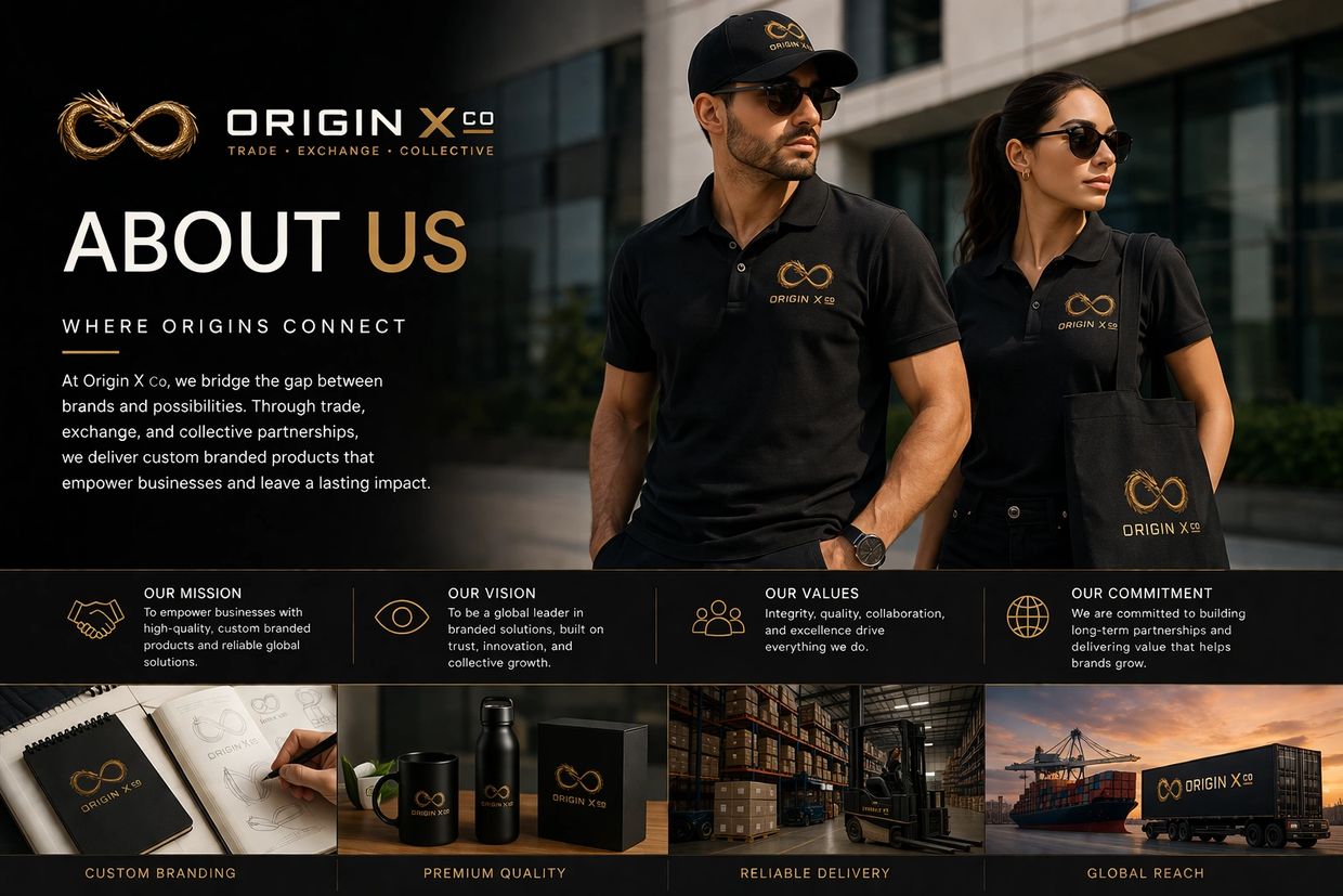 Two models showcase Origin X Co's branded apparel and accessories in a professional setting.