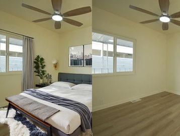 Side-by-side comparison of a bedroom before and after furnishing.
