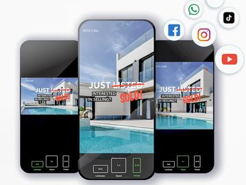 Mobile screens showing real estate ads with 'Just Sold' and social media icons.