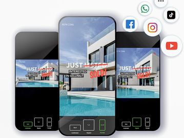 Mobile screens showing real estate ads with 'Just Sold' and social media icons.