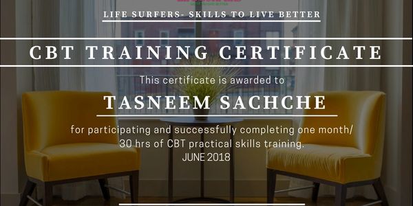 Certificate for CBT training completion awarded to Tasneem Sachche.