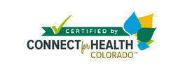 Logo of Connect for Health Colorado certification with a checkmark and colorful leaves.