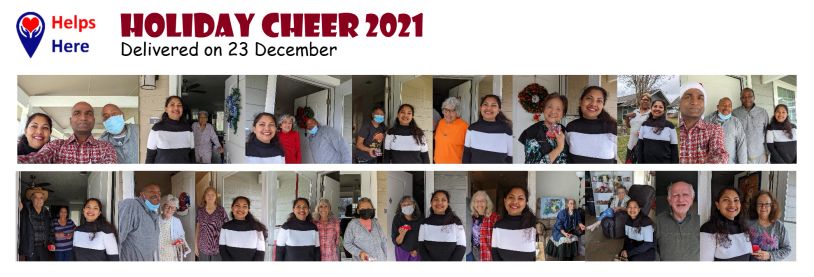 Holiday Cheer 2021 delivery with smiling volunteers and recipients.