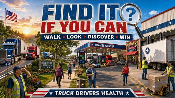 Truck stop scene with hidden clues encouraging driver engagement.