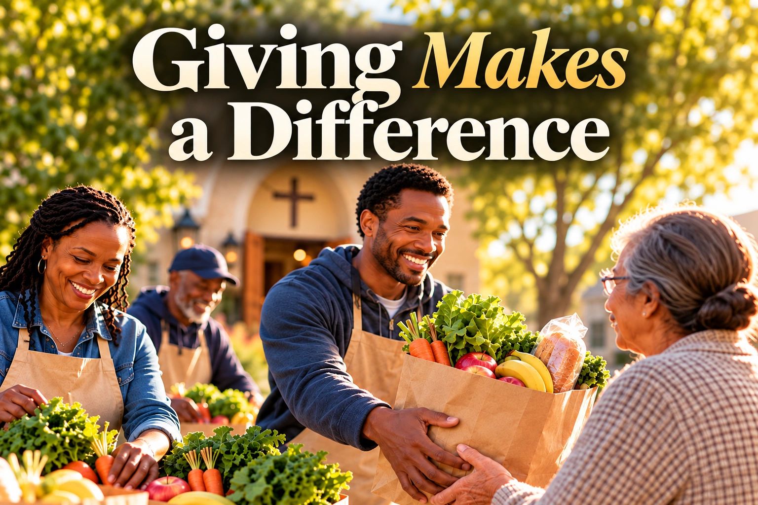 Volunteers handing out fresh groceries with the text Giving Makes a Difference.