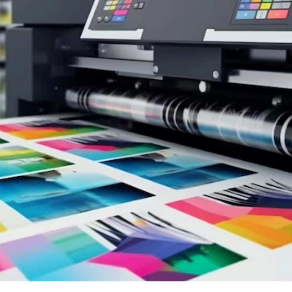 A digital printer producing colorful prints on paper.