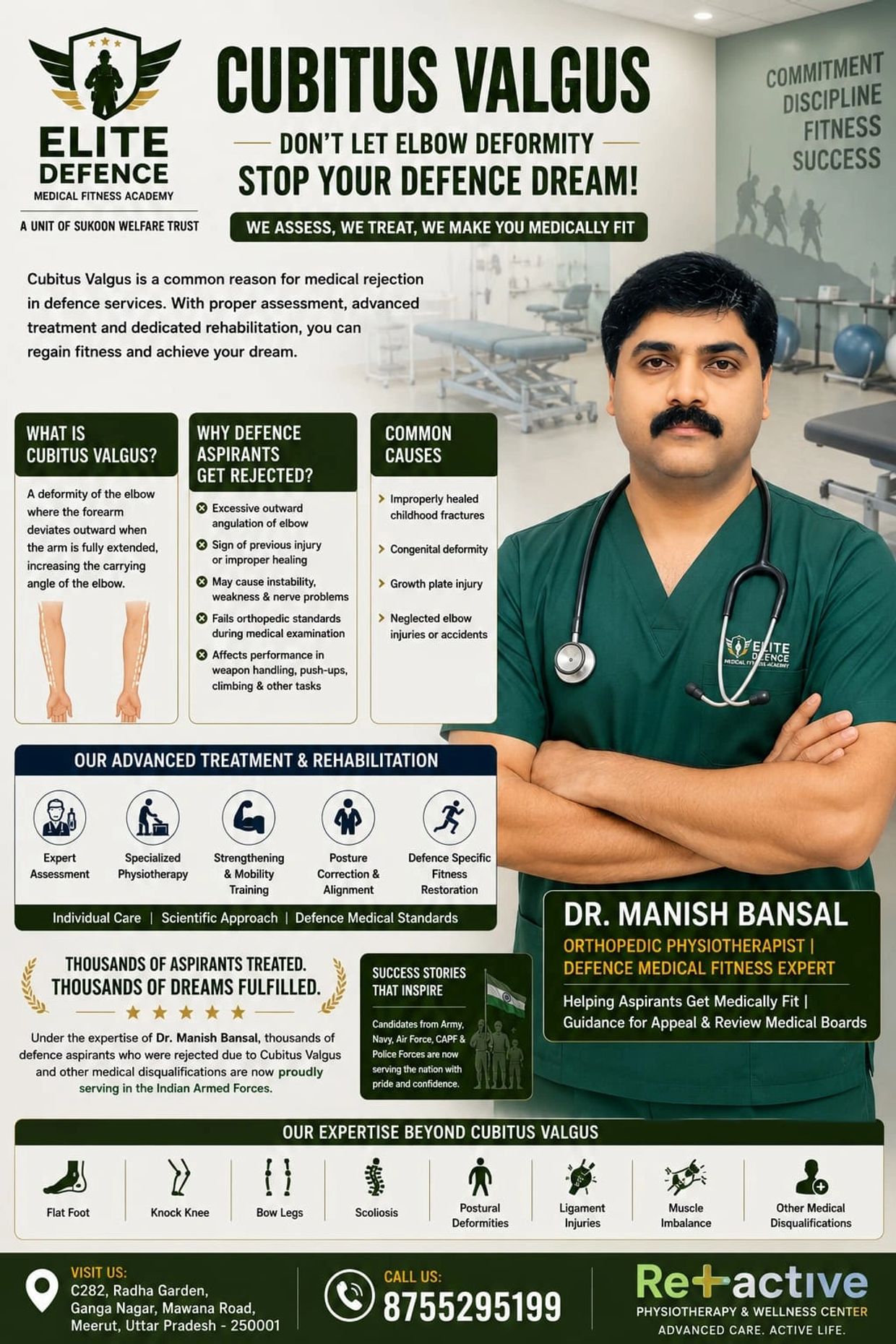 Informative poster on Cubitus Valgus and medical fitness for defence aspirants by Dr. Manish Bansal.