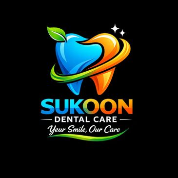 Colorful dental care logo with blue and orange teeth and a green leaf.