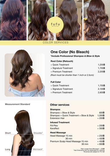 Hair color and treatment service menu with pricing and hair length measurement guide.