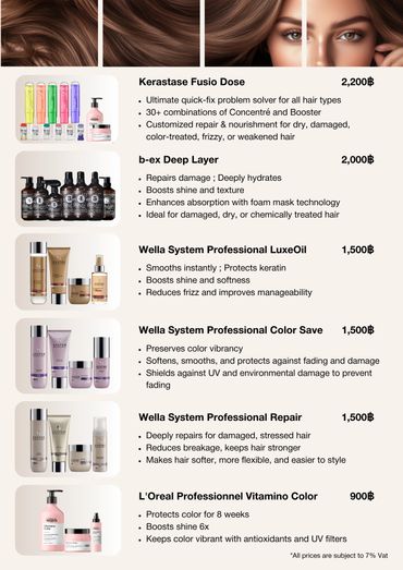 Hair treatment product list with prices and benefits.