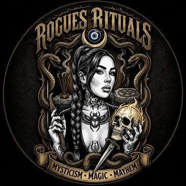Dark mystical artwork featuring a woman with a skull and snakes, titled 'Rogues Rituals'.