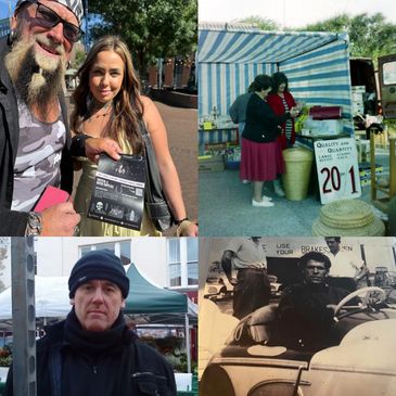 Four diverse photos showing people at markets and vintage settings.