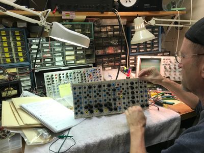Kevin Braheny Fortune restoring a Serge Synthesizer panel from Doug Lynner's Mystery Serge.