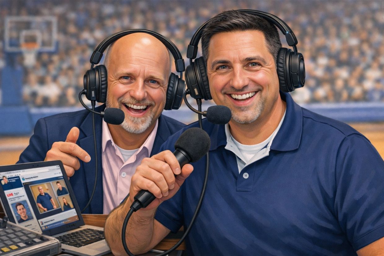 Two happy sports commentators wearing headsets and holding microphones.