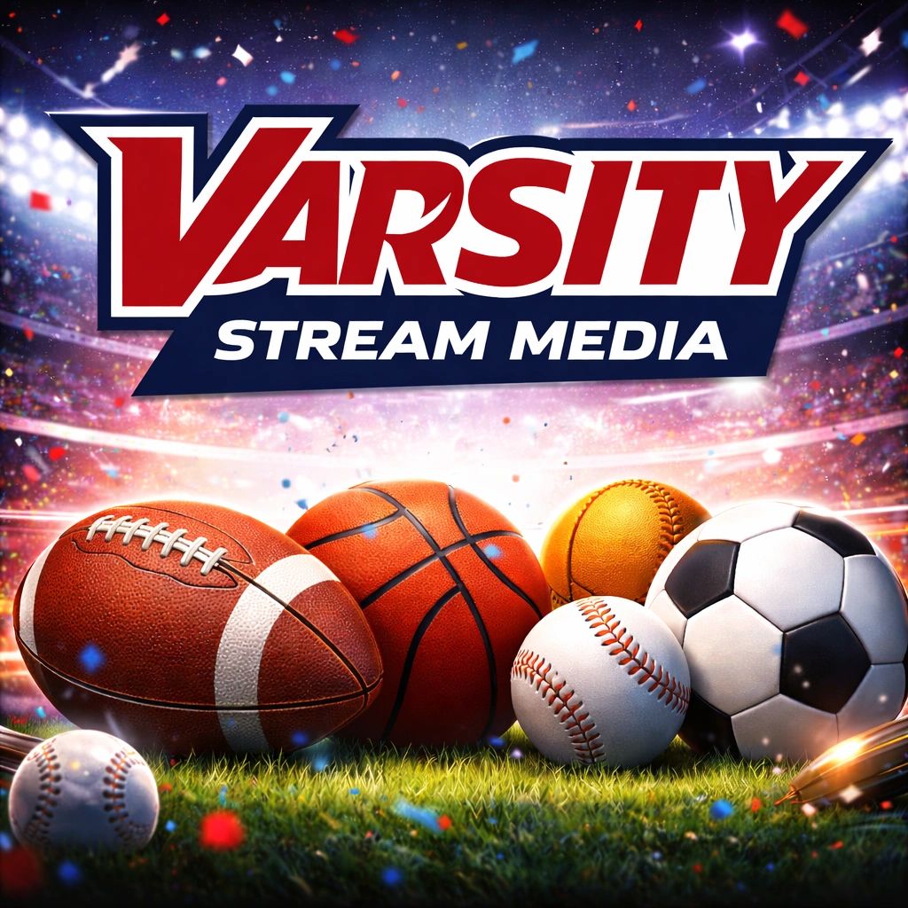 Varsity Stream Media logo with various sports balls on a field.