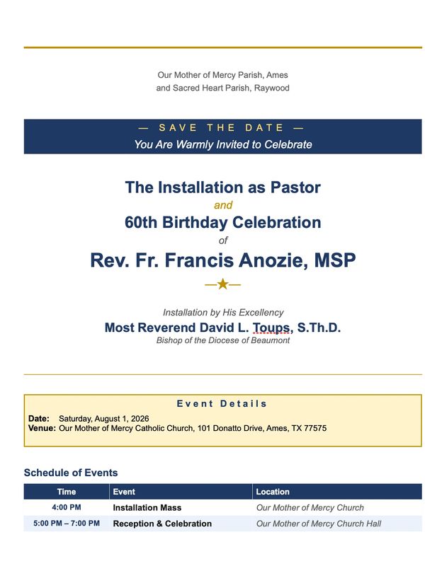 Invitation to the installation and 60th birthday celebration of Rev. Fr. Francis Anozie.