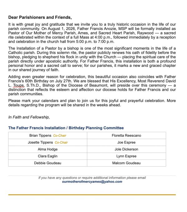 Invitation letter for Father Francis Anozie's installation and birthday celebration event in 2026.