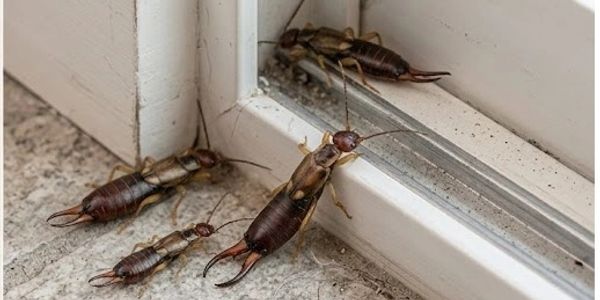 Four earwigs near a door corner with one reflected in the glass.