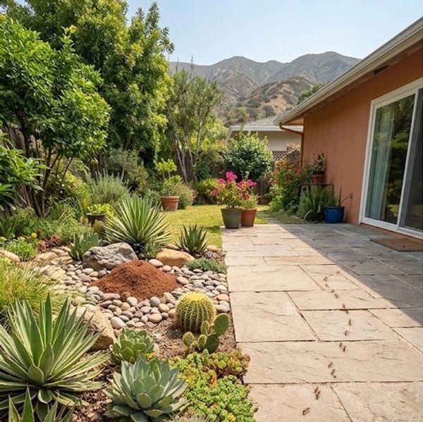 Sunny backyard with succulent garden and potted plants.