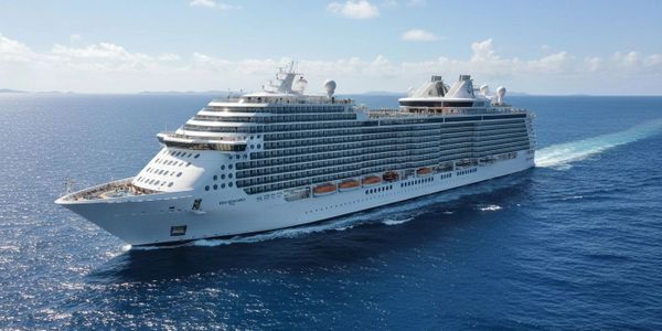Large cruise ship sailing on clear blue ocean under sunny sky.