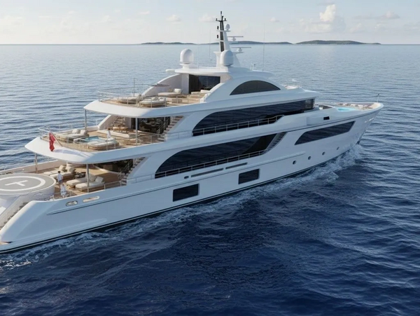 Luxurious white yacht sailing on calm ocean waters with a helipad.