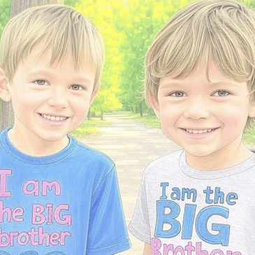 Two boys smiling, one in blue and one in white shirts with "big brother" messages.