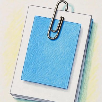 Stack of white and blue papers held by a large paperclip.