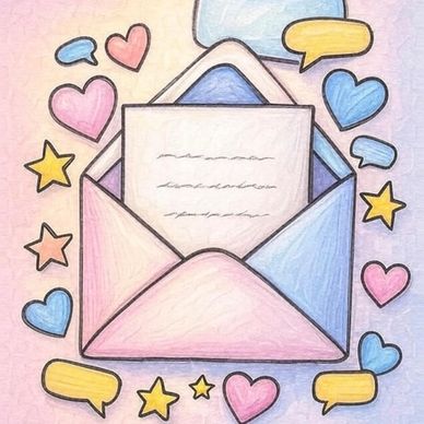 Colorful envelope with a letter surrounded by hearts, stars, and speech bubbles.