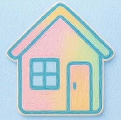 Pastel colored house icon with soft edges on a light blue background.