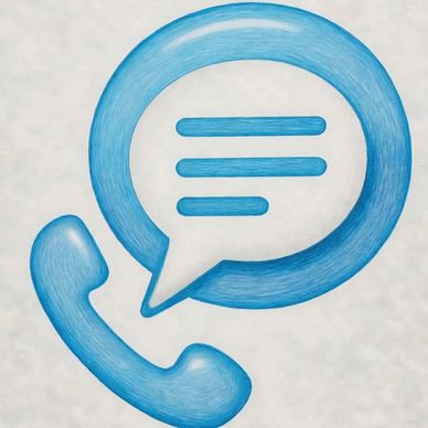 Blue phone receiver with chat bubble icon symbolizing communication.