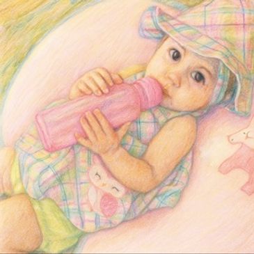 A baby in a plaid hat drinking from a pink bottle.