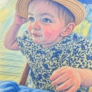 A toddler wearing a straw hat and patterned shirt looks curiously upward.