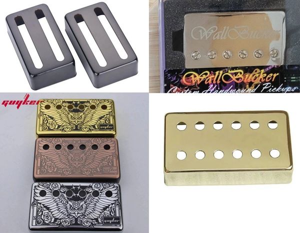 Various guitar pickups with different designs and finishes.
